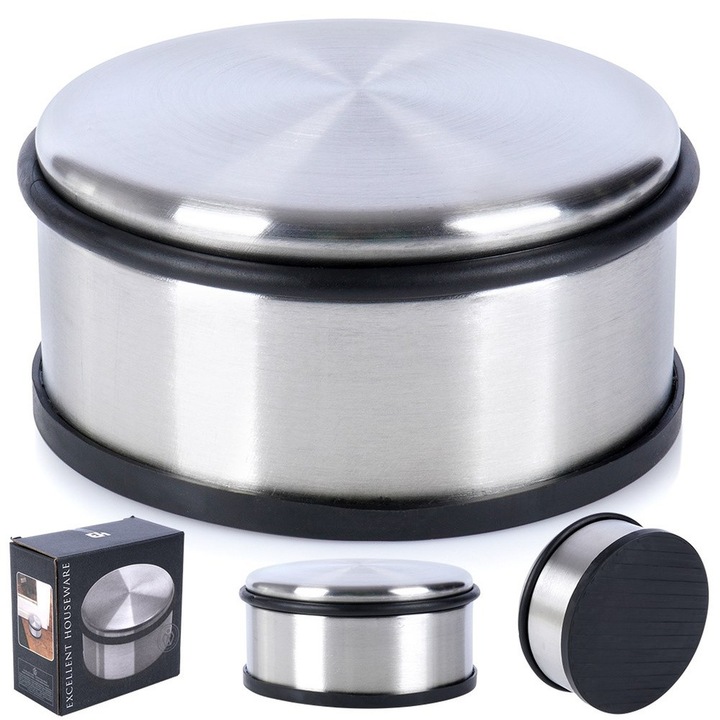 Стопер за врата, Отличен домакински продукт, Неръждаема стомана, 11.5x5 см, Изработен от неръждаема стомана, С гумени елементи, Не е необходим монтаж, Кръгла форма, Сребърен