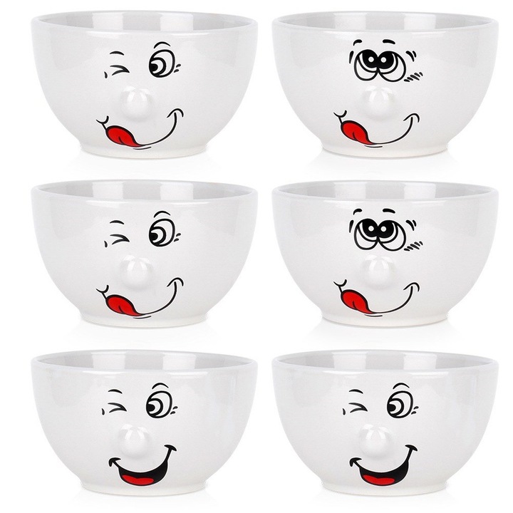Комплект от 6 бели керамични купи с усмихнати лица, 550 мл, 13,5x7,5 см