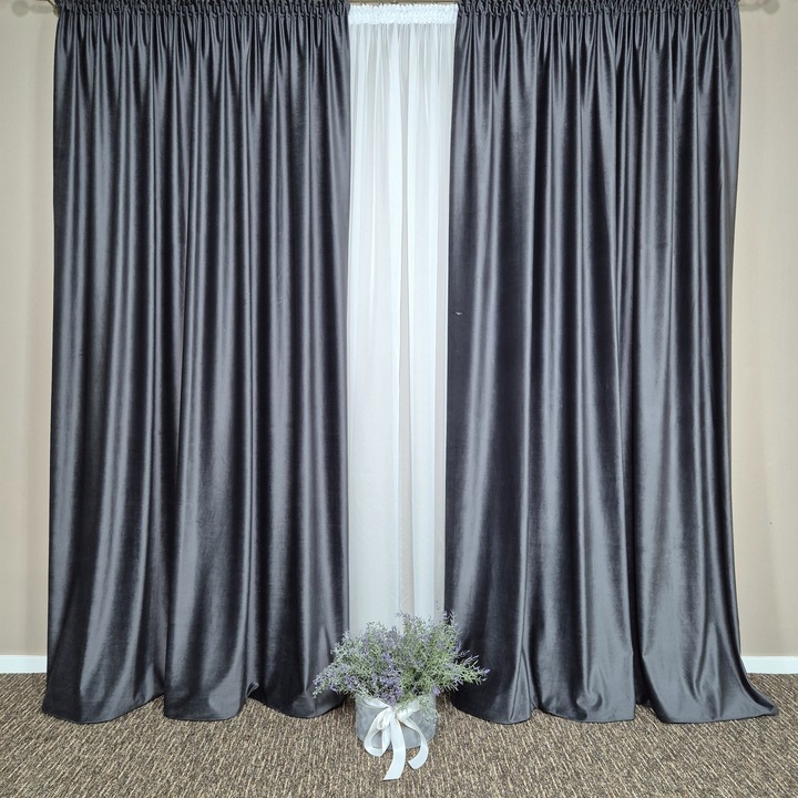 Set MASTEL 5 piese, 2 draperii catifea lux 2x300x245cm gri inchis cu perdea voal alb 800x245cm confectionate cu rejansa