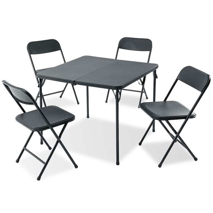 Set De Mobilier De Gradina, Redcliffs, 86x86x71 cm, 45.5x50.5x64 cm, 86x44x6.5 cm, 45.5x7x90 cm, Cadru De Masa Din Metal, Structura De Scaune Din Otel, Blat, Sezut Si Spatar Din Plastic, Pliabil, Negru, 5 Buc