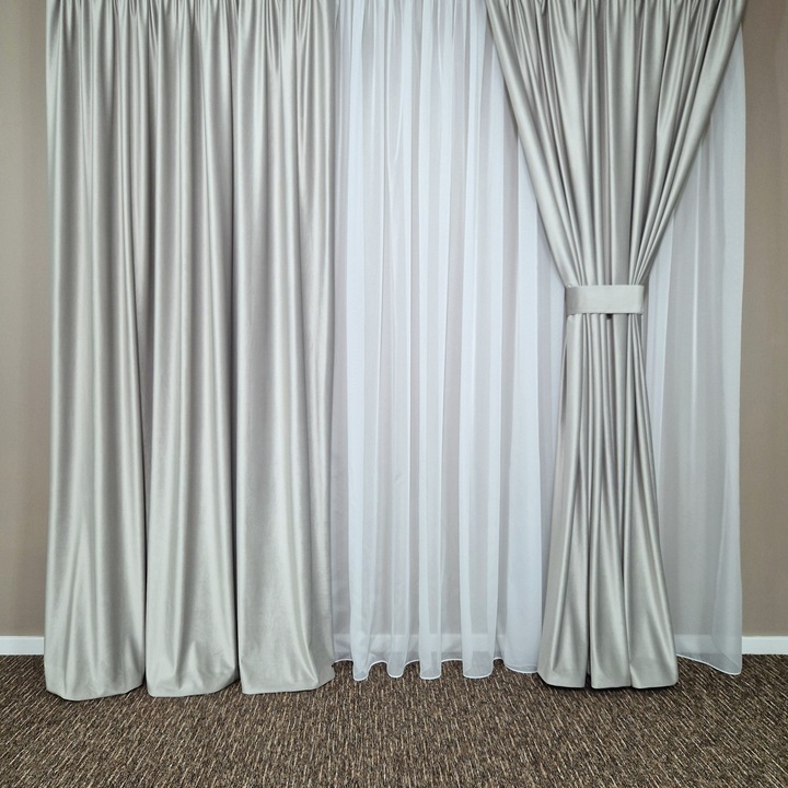 MASTEL Комплект от 2 завеси, кадифе, 2x200x245см, светлосиво с бяла воал завеса 600x245см