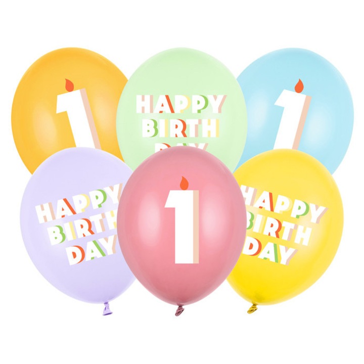 Балони 30 см (6 бр.) пастелни с числото 1