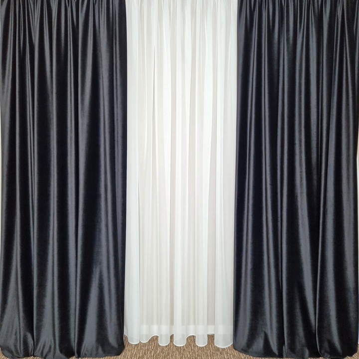MASTEL Комплект от 2 луксозни кадифени завеси 2x200x245см черни с бял воал завеса 600x245см изработени с rejansa