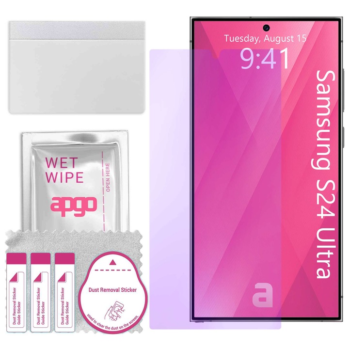 Sticla de protectie ANTI-BLUE apgo pentru Samsung Galaxy S24 Ultra – sticla hibrida, securizata pentru display, lucioasa, pro flexible Hybrid Glass, 9H, full glue