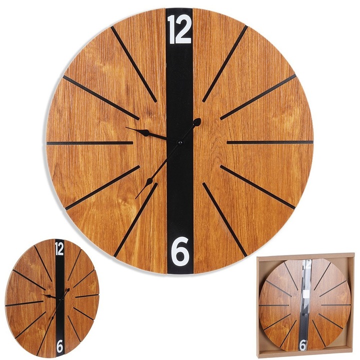 Стенен часовник, Vilde, 60x1 см, Изработен от MDF шперплат и метал, Захранва се с 1X Aa 1.5V (Батерия не е включена), Тъмнокафяв циферблат, Дебелина на часовника 1 см, Тъмнокафяв