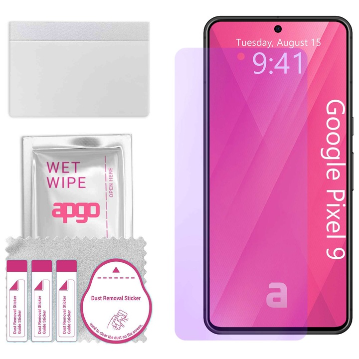 apgo ANTI-BLUE защитно стъкло за Google Pixel 9 – хибридно стъкло, протектор за екран, гланцово, професионално гъвкаво хибридно стъкло, 9H, пълно лепило