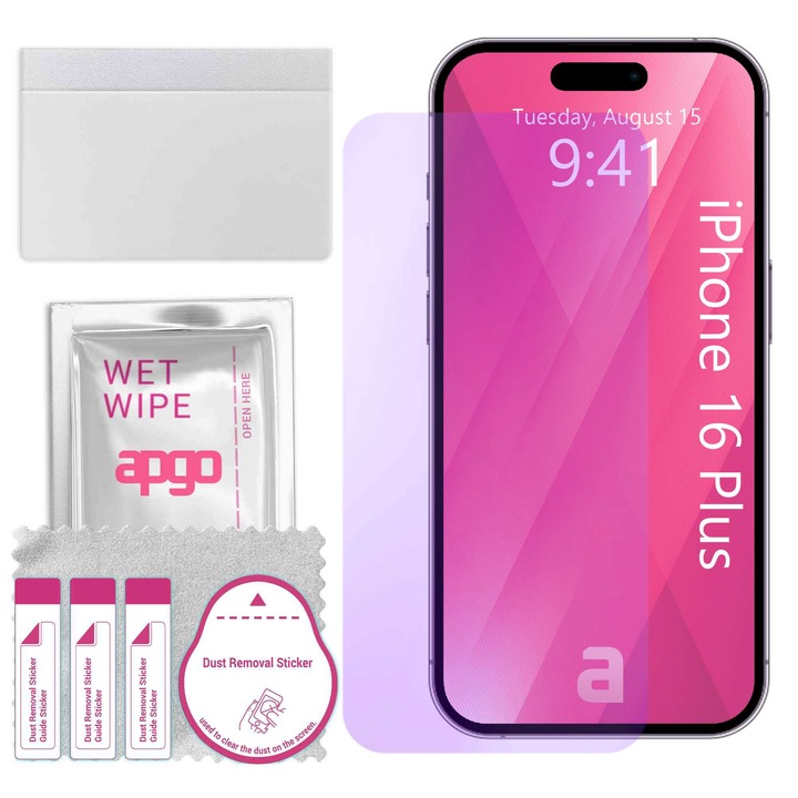 Sticla de protectie ANTI-BLUE apgo pentru Apple iPhone 16 Plus (no camera cutout) – sticla hibrida, securizata pentru display, lucioasa, pro flexible Hybrid Glass, 9H, full glue