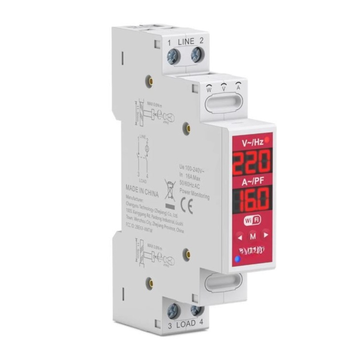 Releu wifi smart monofazic si contor de energie inteligent, 16A, reglabil, digital, protectie supratensiune si suprasarcina, tuya