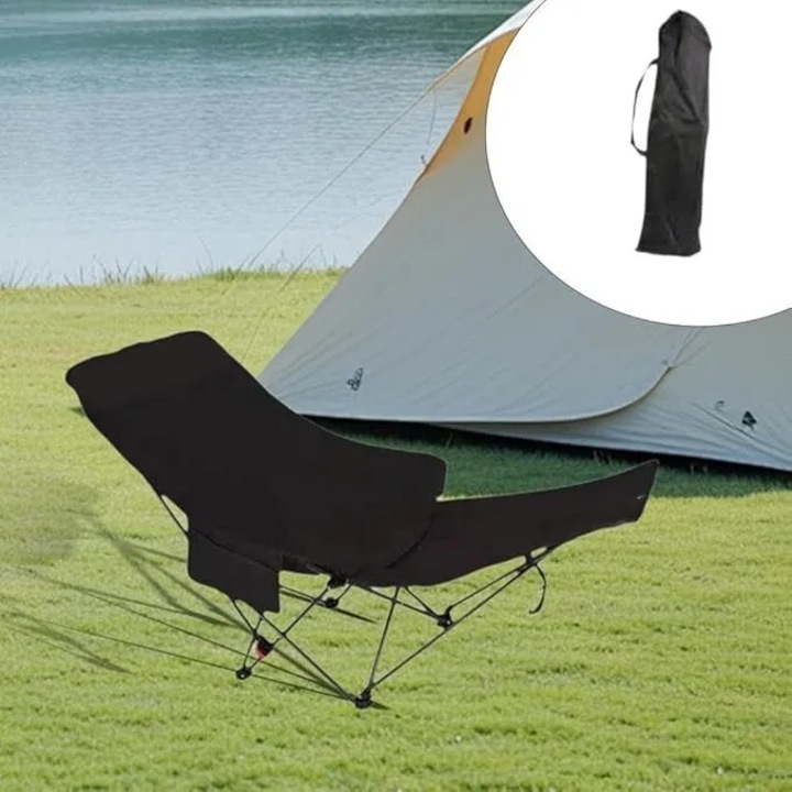 Scaun pliabil tip lounge AT PERFORMANCE® – Reclinabil, 4 pozitii, reglabil, pentru camping, plaja si pescuit, cu husa de transport – Negru