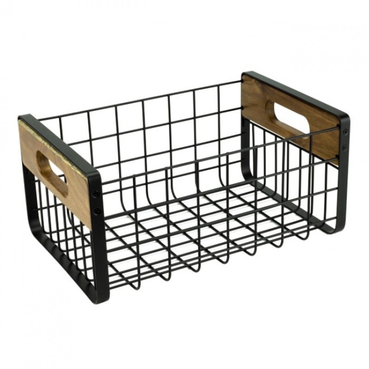 Cos metalic dreptunghiular cu manere din lemn, negru/maro, 29 x 21 x 14 cm