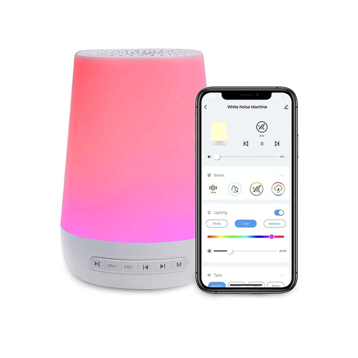 Lampa inteligenta somn bebelusi cu 34 sunete relaxante, lumina RGB, timer, alarma, jack 3.5mm, WiFi control prin aplicatia Tuya – aparat zgomot alb pentru camera copii si adulti, noptiera sau birou