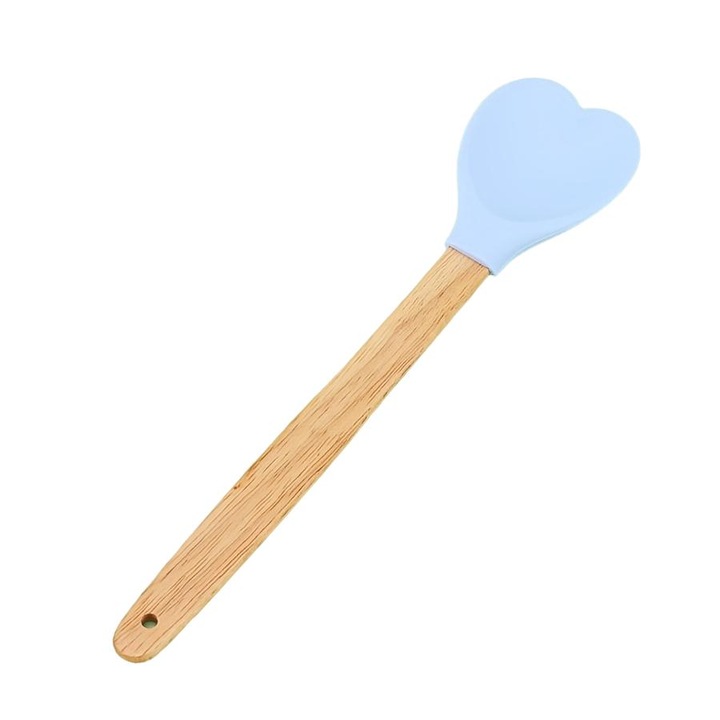 Lingura din silicon cu maner din lemn, forma inima, albastru