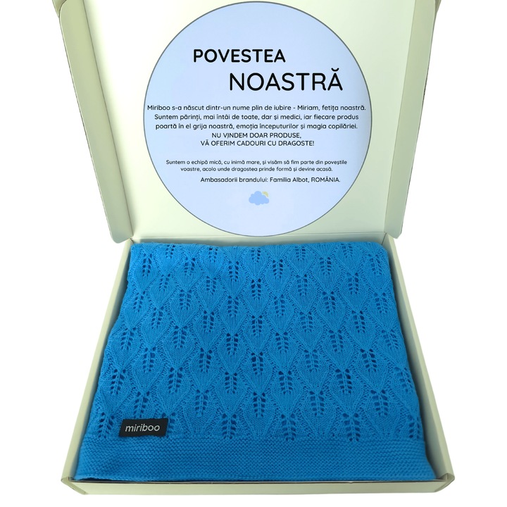 Paturica de Vara, Tricotata, din 100% Bumbac Organic pentru Bebelusi si Copii 0-3 ani, 100x80 cm, Albastru, in Cutie Cadou – Miriboo®