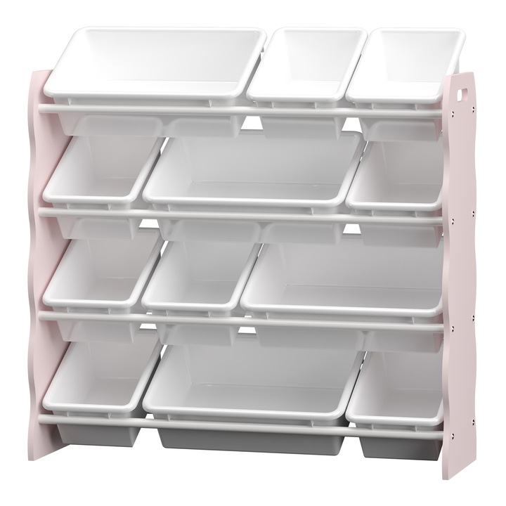 Raft copii, en.casa, Vestnes, 78 x 86 x 26, 5 cm, mdf, metal, plastic, roz, alb, cu 12 cutii depozitare, de sine statator