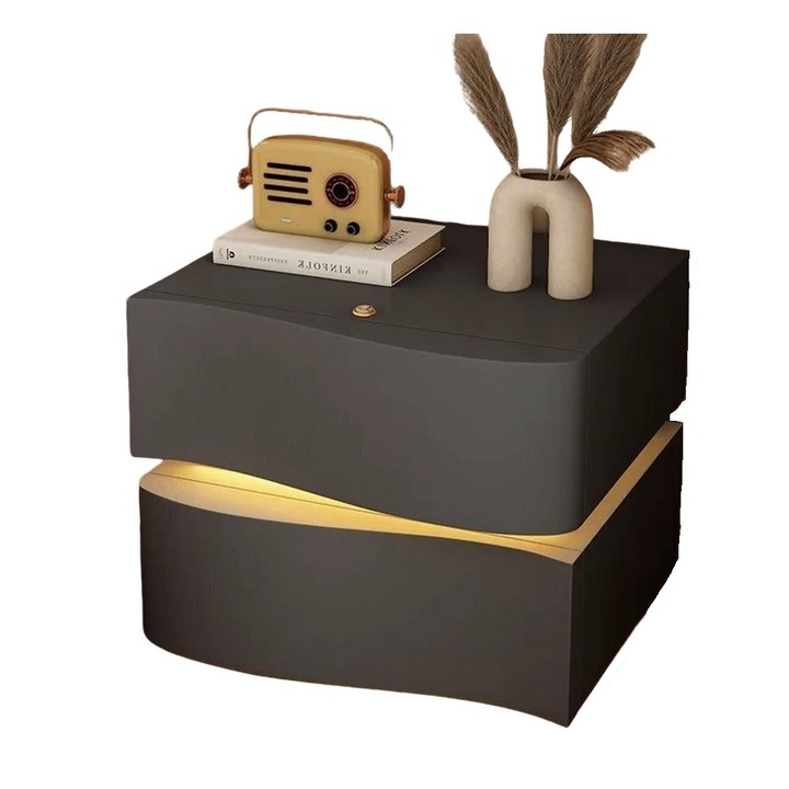 Noptiera cu 2 sertare din lemn pentru dormitor, piele ecologica, lumina ambientala, 40x40x50 cm, gri inchis, eR D L