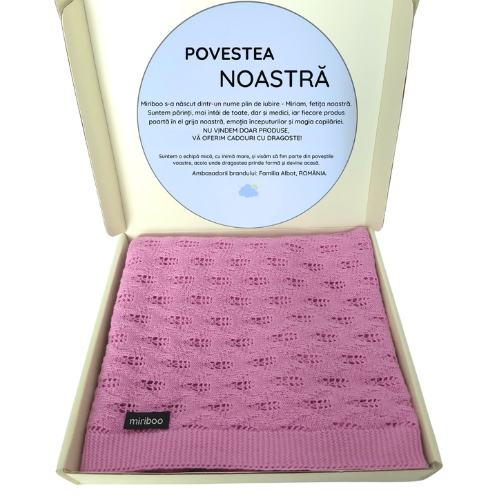 Paturica de Vara, Tricotata, din 100% Bumbac Organic pentru Bebelusi si Copii 0-3 ani, 100x80 cm, Mov, in Cutie Cadou – Miriboo®