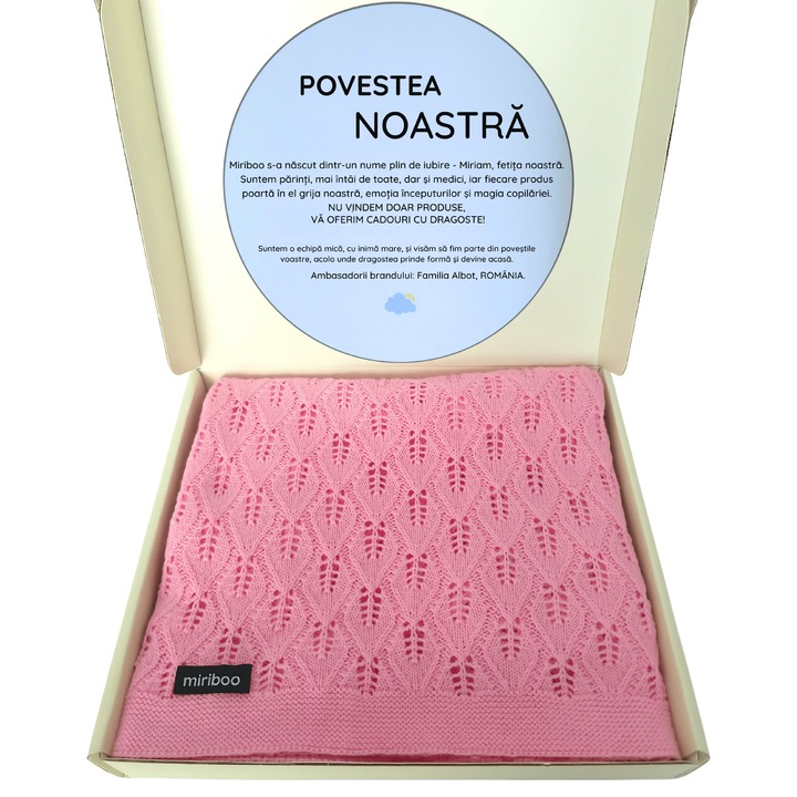 Paturica de Vara, Tricotata, din 100% Bumbac Organic pentru Bebelusi si Copii 0-3 ani, 100x80 cm, Roz Pudrat, in Cutie Cadou – Miriboo®