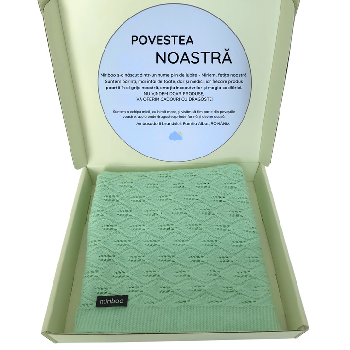 Nyári takaró, kötött, 100% biopamutból, babáknak és 0-3 éves gyermekeknek, 100x80 cm, mentazöld, ajándékdobozban – Miriboo®