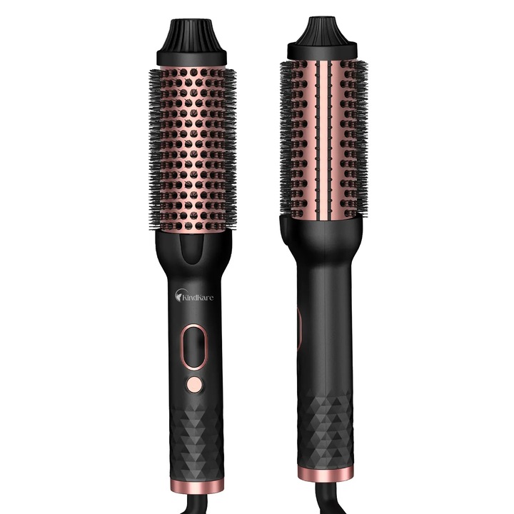 Perie electrica pentru ondulat, KindKare, 2 in 1, tehnologie cu ioni negativi, temperatura reglabila 120–210°C, ecran LCD, cablu rotativ 360°, ceramica, incalzire PTC, design portabil, negru