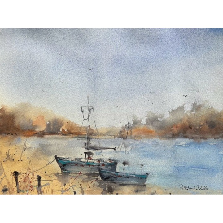 Tablou Tarm linistit cu barci de pescari, pictura 30x24cm