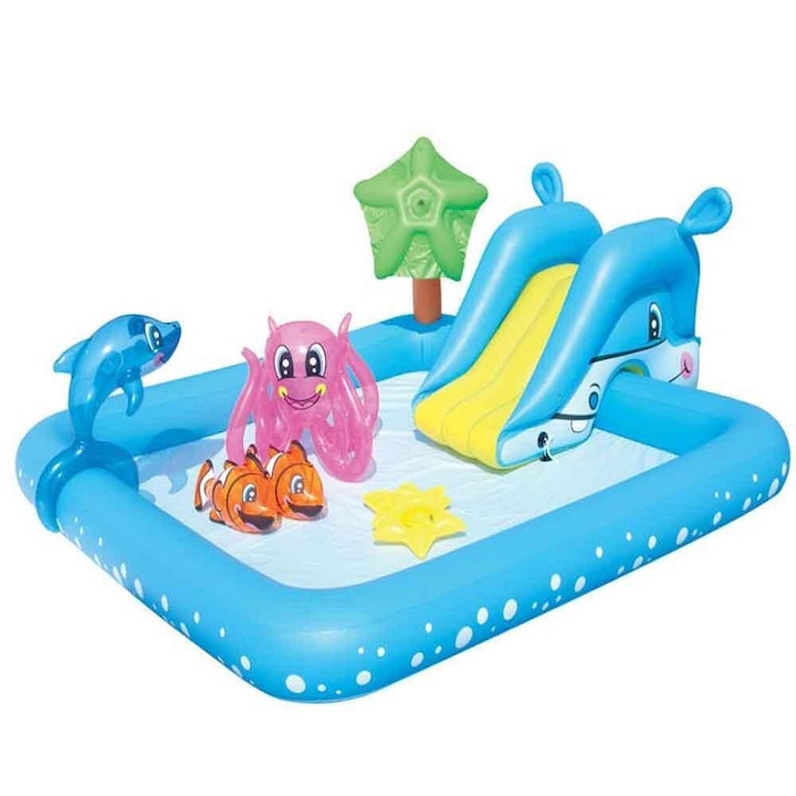 Centru gonflabil pentru copii Bestway, cu tobogan si animale marine, 239 x 206 x 86 cm.