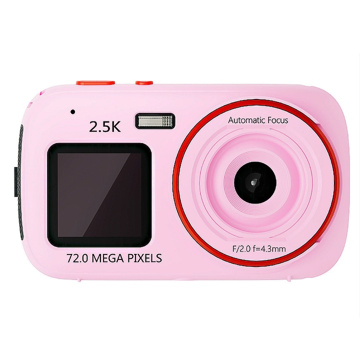 Camera digitala, 72 megapixeli, zoom 16x, captura video HD, design cu ecran dublu, portabila,, Roz deschis