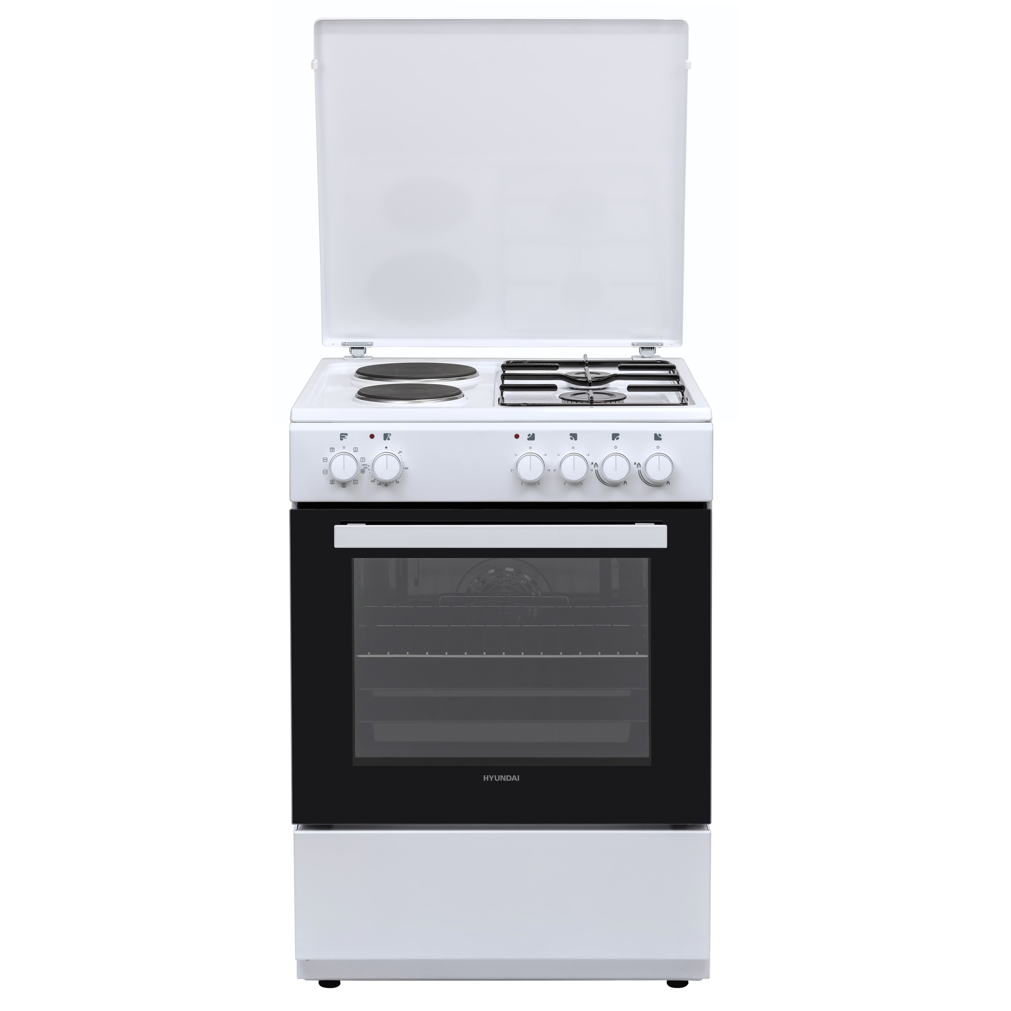 Aragaz Hyundai HCGC25V-72622E/W, 2 arzatoare gaz + 2 plita electrica, Latime 60cm, Cuptor electric 65lt, 9 programe, Capac metalic, Alb