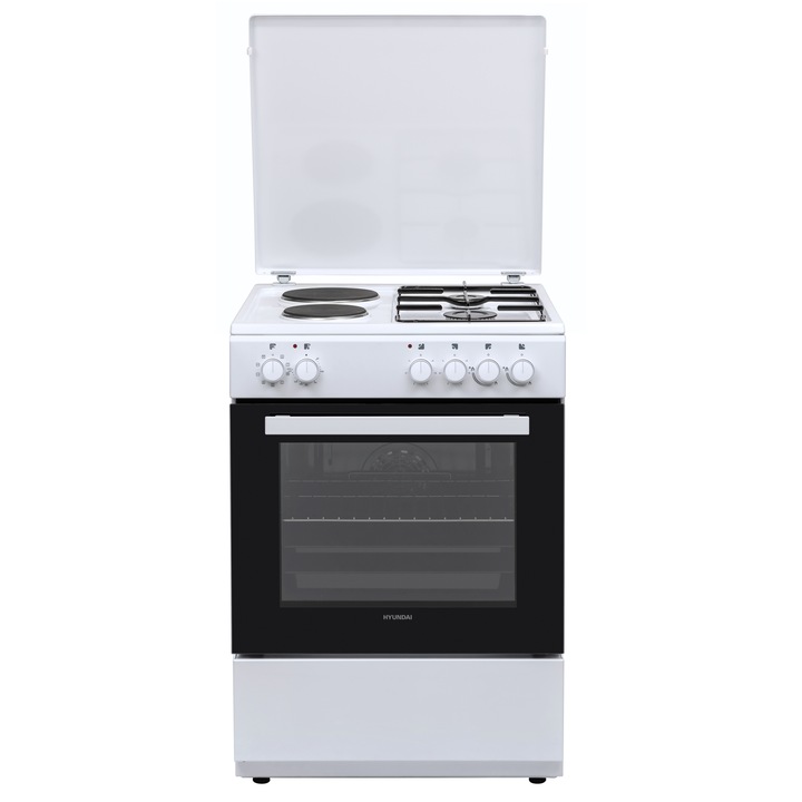 Hyundai HCGC25V-72622E/W gáztűzhely, 2 gázégő + 2 elektromos főzőlap, szélesség 60 cm, elektromos sütő 65 liter, fém fedél, fehér
