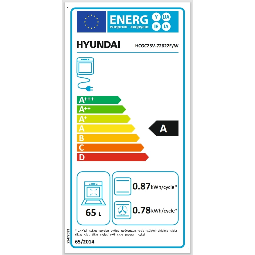 Aragaz Hyundai HCGC25V-72622E/W, 2 arzatoare gaz + 2 plita electrica, Latime 60cm, Cuptor electric 65lt, 9 programe, Capac metalic, Alb