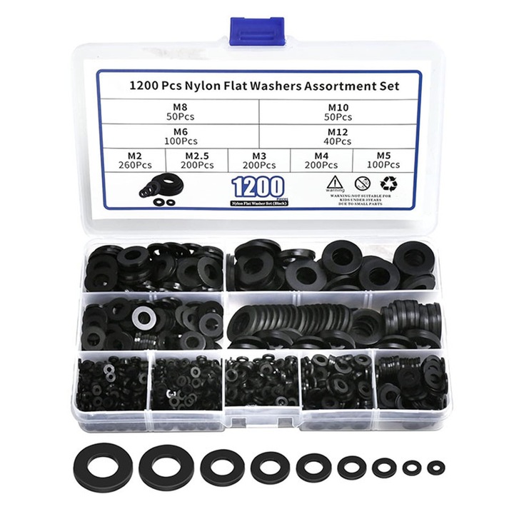 Set 1200 saibe plate nylon, Rqiurpn, 9 dimensiuni diferite, M2-M12, Cu carcasa de plastic pentru depozitare usoara, Pentru conexiuni electrice, Negru