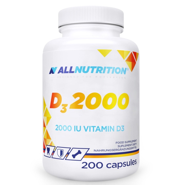 ALLNUTRITION D3 2000 200 capsule – Supliment Vitamina D3, 1000% RWS, 2000 IU pentru Imunitate, Oase și Mușchi