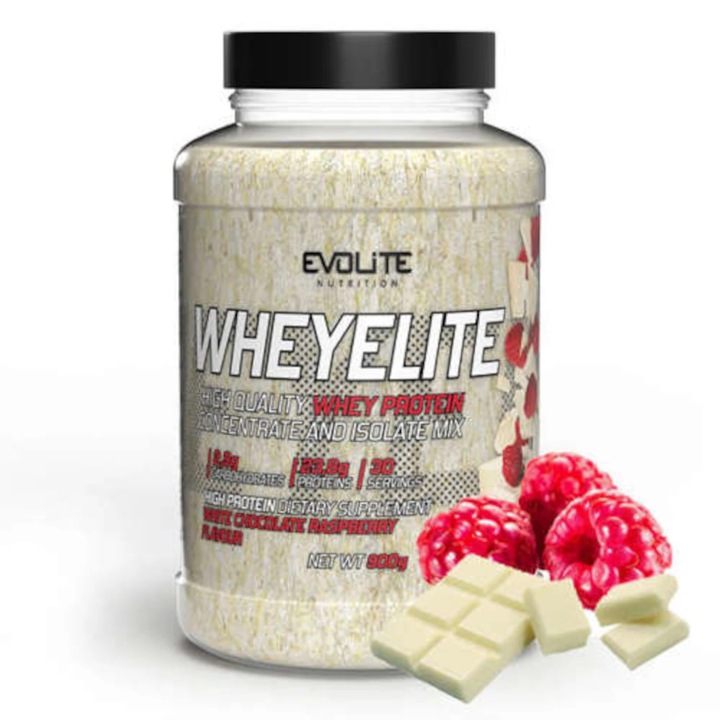 Proteine Evolite WheyElite 900g Ciocolata Alba cu Zmeura, continut ridicat de proteine, excelenta solubilitate