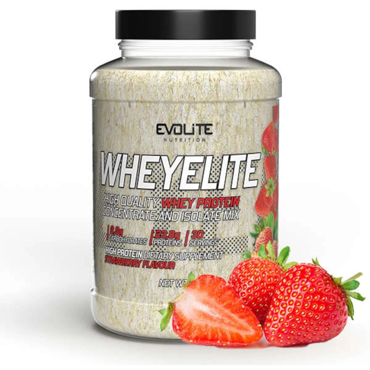 Proteine Evolite WheyElite 900g, capsuni, continut ridicat de proteine, excelenta solubilitate