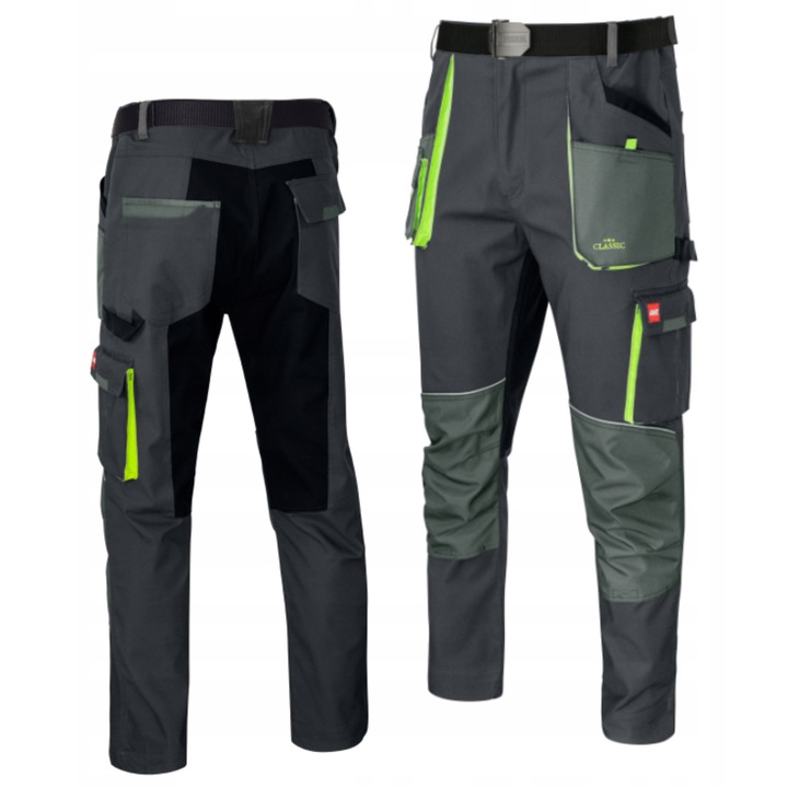 Pantaloni de lucru ART.MAS Classic Stretch Slim, gri-negru cu detalii verzi, 10 buzunare, marimea 60