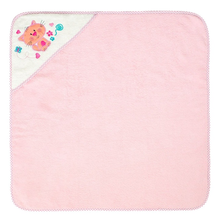 Prosop Cu Gluga Bumbac Bebelusi Roz Pisica Carouri 75x75cm Fete