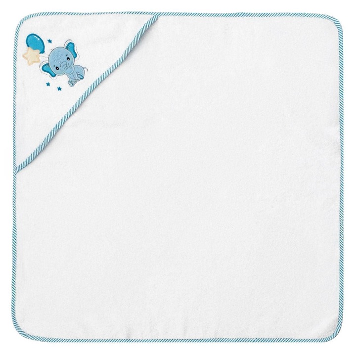 Prosop Cu Gluga Bumbac Bebelusi Alb Bleu Elefant 75x75cm Baieti