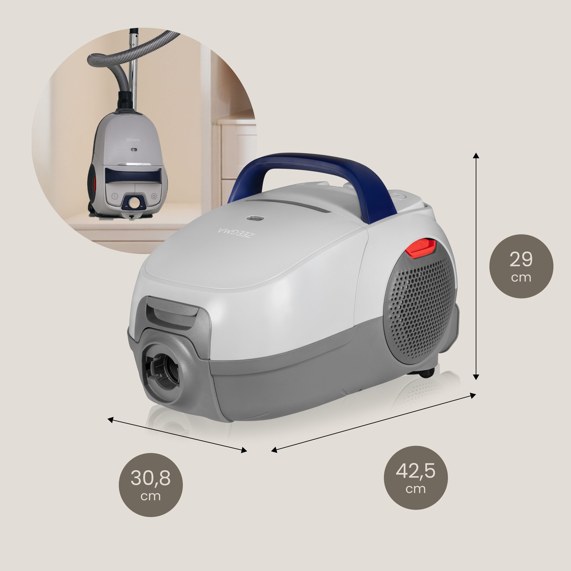 Aspirator cu sac Zeegma Zonder Verre Klassik, Linisti, Aprinde 4L, Reglarea puterii, 21 000 Pa, Gri