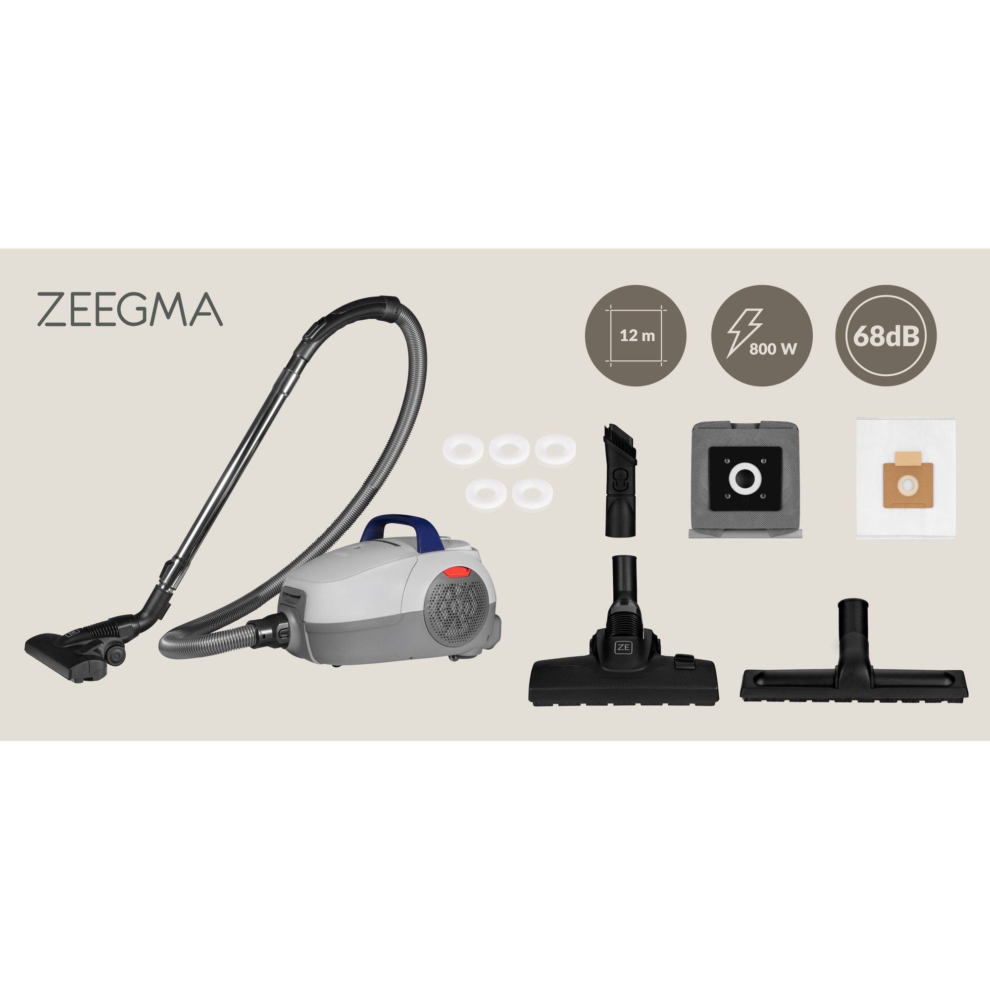Aspirator cu sac Zeegma Zonder Verre Klassik, Linisti, Aprinde 4L, Reglarea puterii, 21 000 Pa, Gri