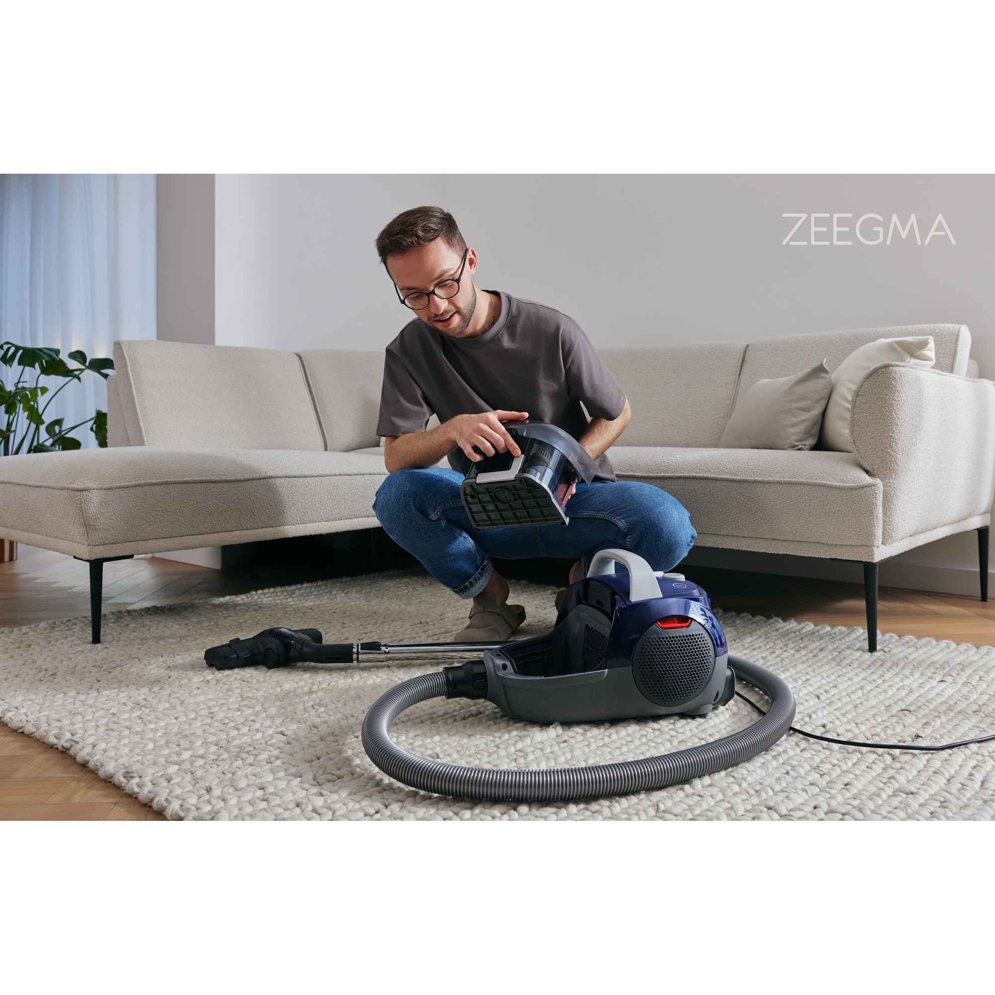 Aspirator cu sac Zeegma Zonder Verre Flow, Linisti, Aprinde 4L, Reglarea puterii, 21 000 Pa, Gri / Bleumarin