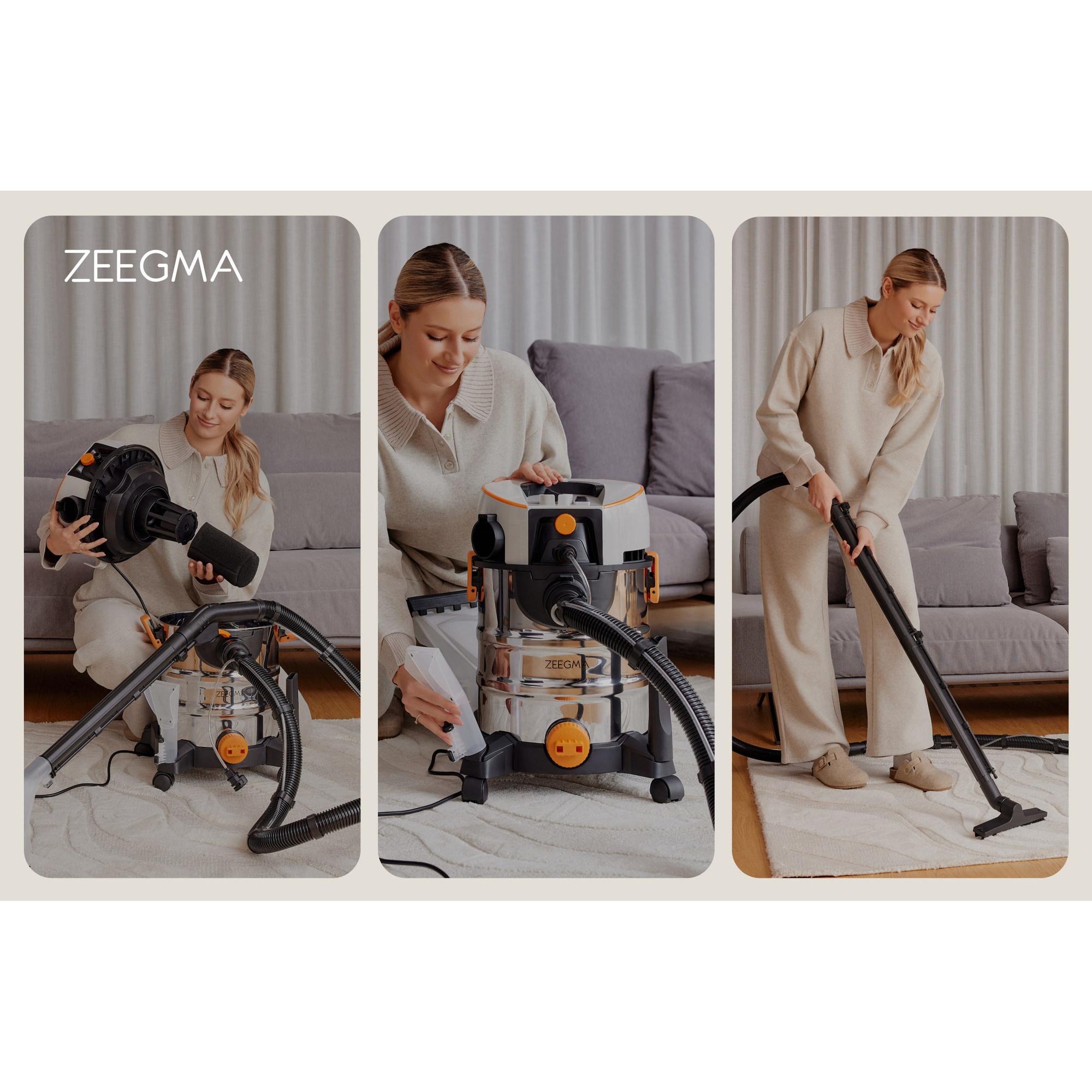 Aspirator de spalat umed uscat de palat tapiterii mochete si covoare Zeegma Zonder Aqua, 1400 W, 20L, uscat / umed, Gri