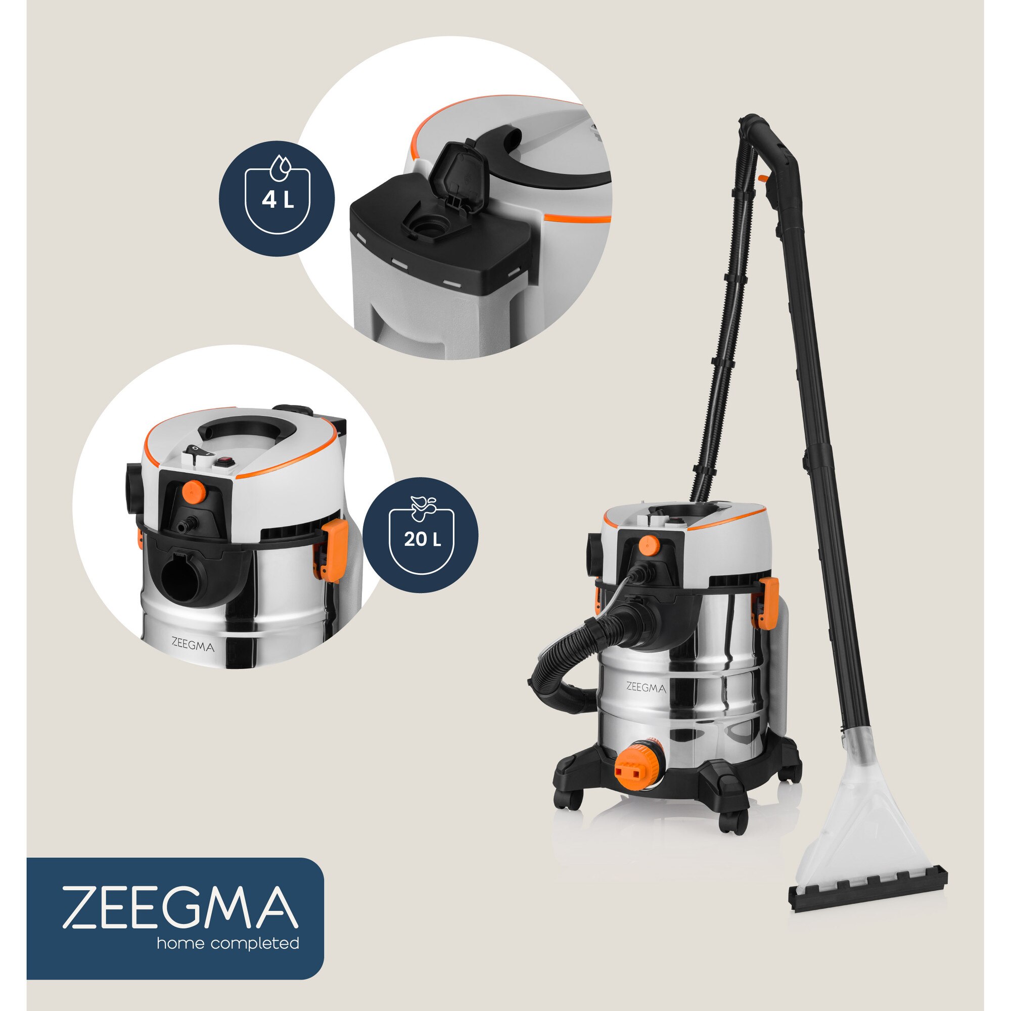 Aspirator de spalat umed uscat de palat tapiterii mochete si covoare Zeegma Zonder Aqua, 1400 W, 20L, uscat / umed, Gri