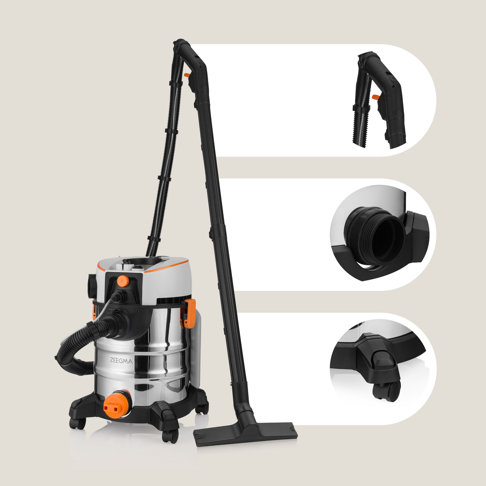 Aspirator de spalat umed uscat de palat tapiterii mochete si covoare Zeegma Zonder Aqua, 1400 W, 20L, uscat / umed, Gri