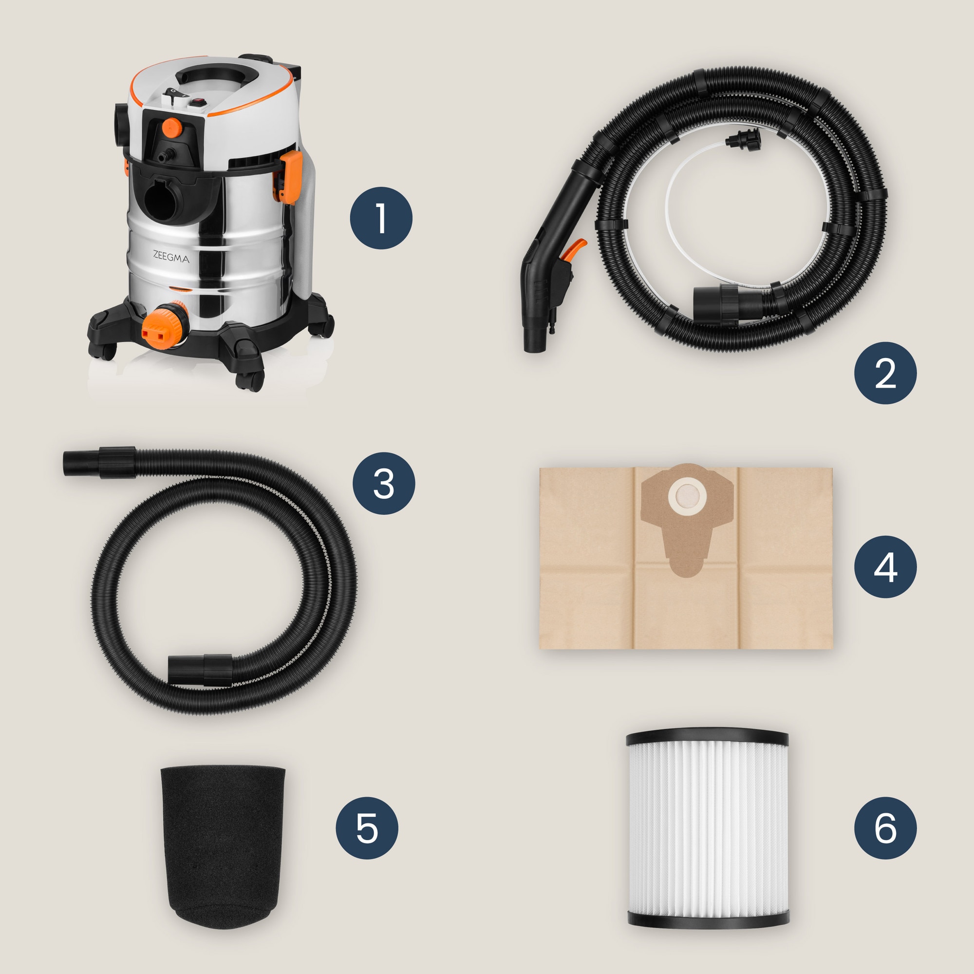 Aspirator de spalat umed uscat de palat tapiterii mochete si covoare Zeegma Zonder Aqua, 1400 W, 20L, uscat / umed, Gri