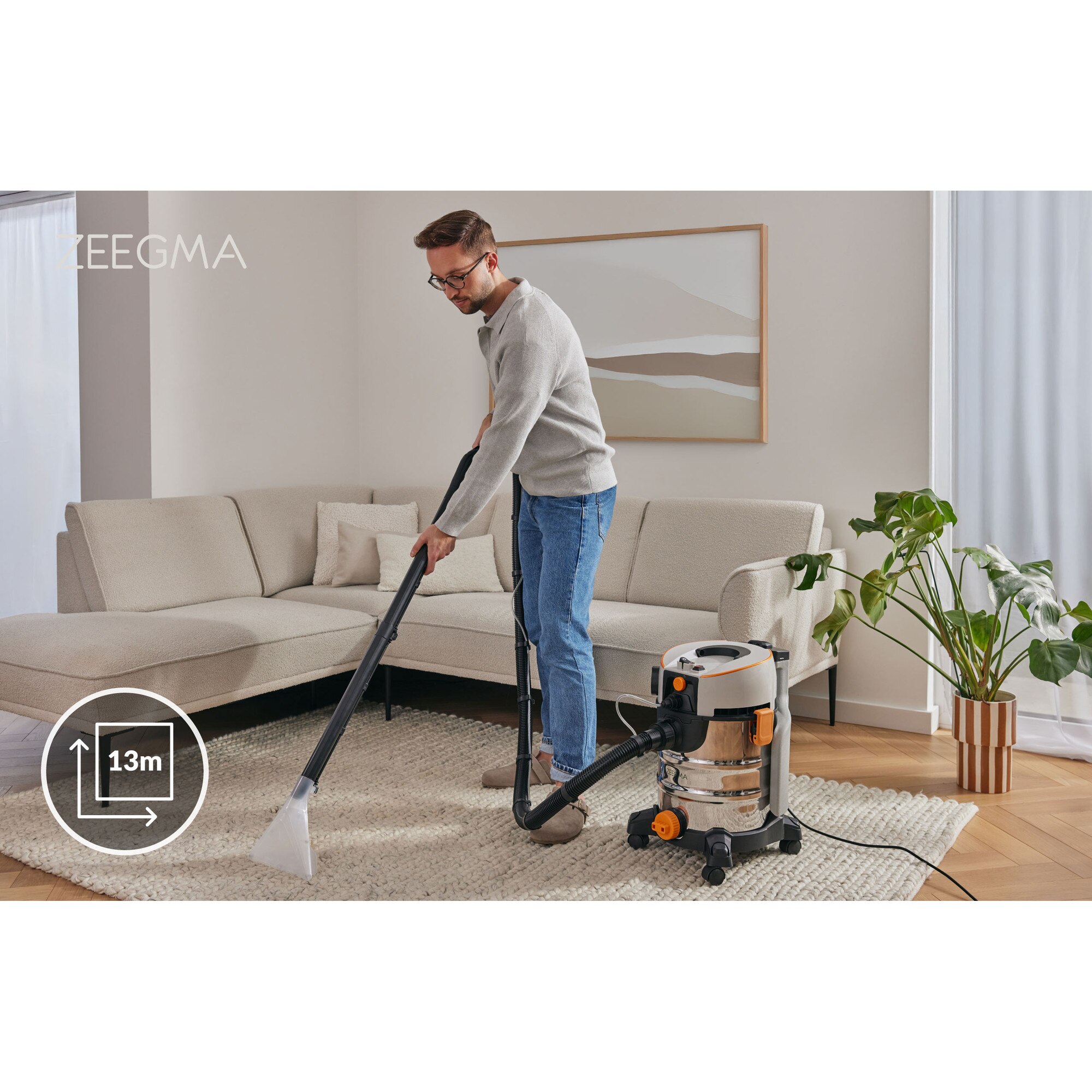 Aspirator de spalat umed uscat de palat tapiterii mochete si covoare Zeegma Zonder Aqua, 1400 W, 20L, uscat / umed, Gri