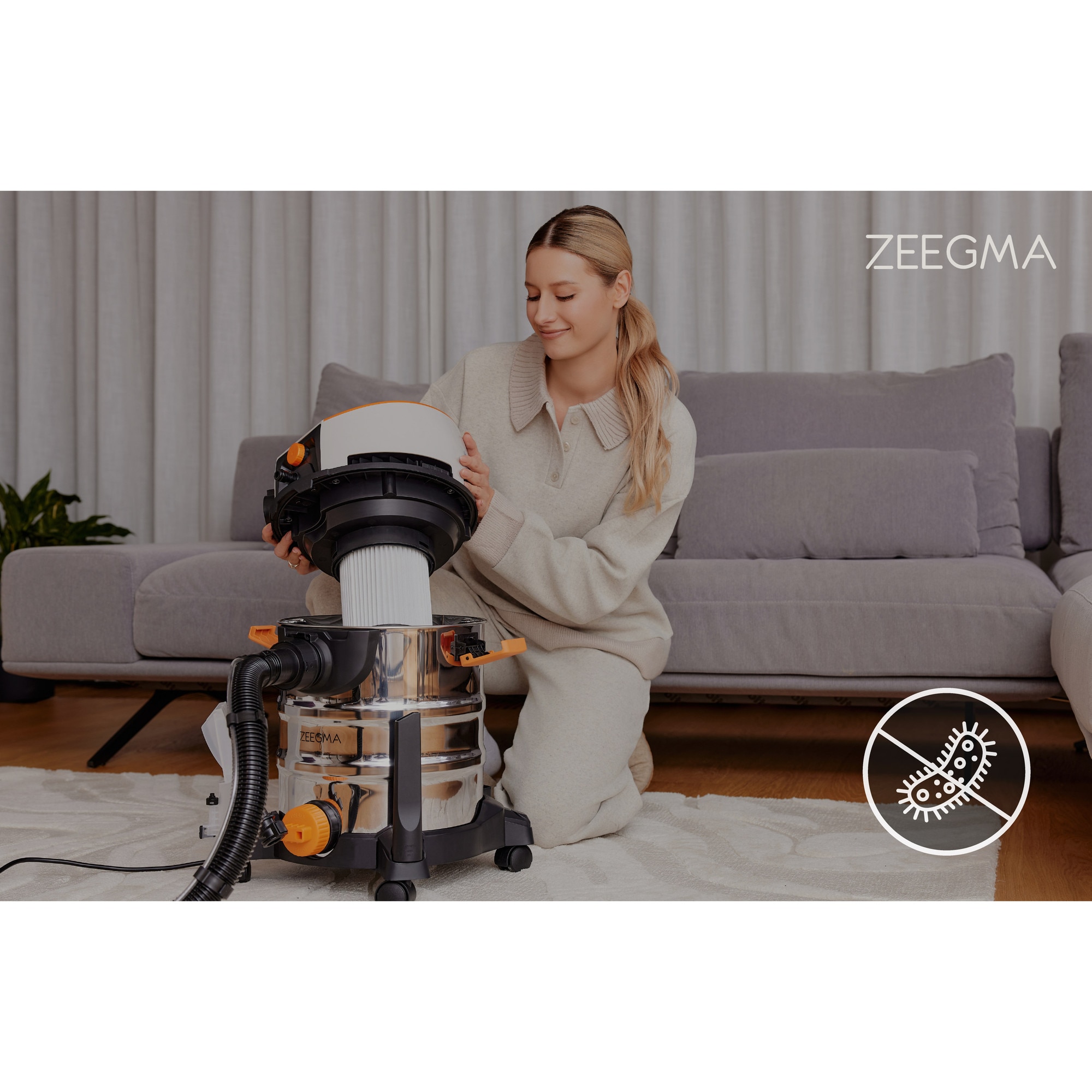 Aspirator de spalat umed uscat de palat tapiterii mochete si covoare Zeegma Zonder Aqua, 1400 W, 20L, uscat / umed, Gri