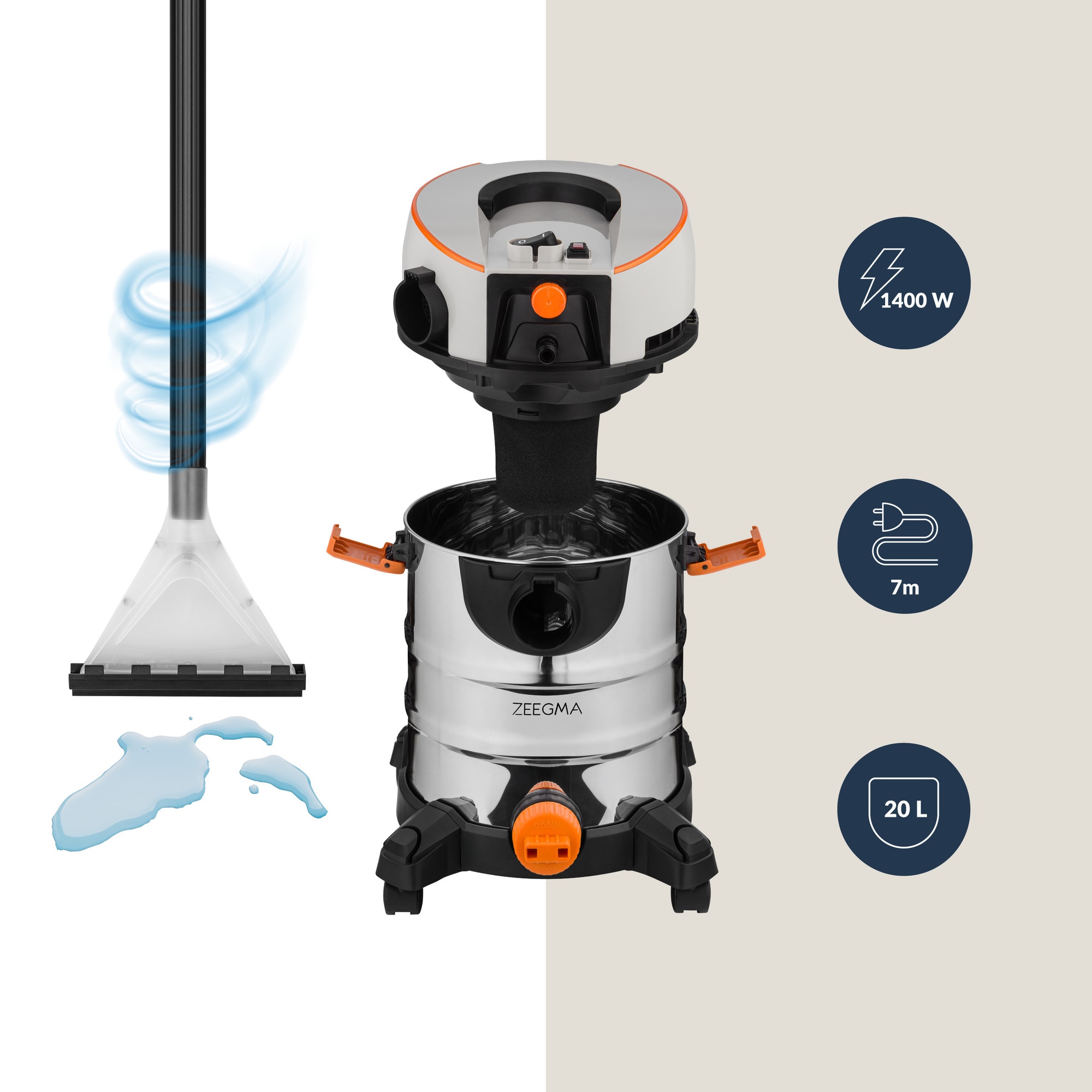 Aspirator de spalat umed uscat de palat tapiterii mochete si covoare Zeegma Zonder Aqua, 1400 W, 20L, uscat / umed, Gri