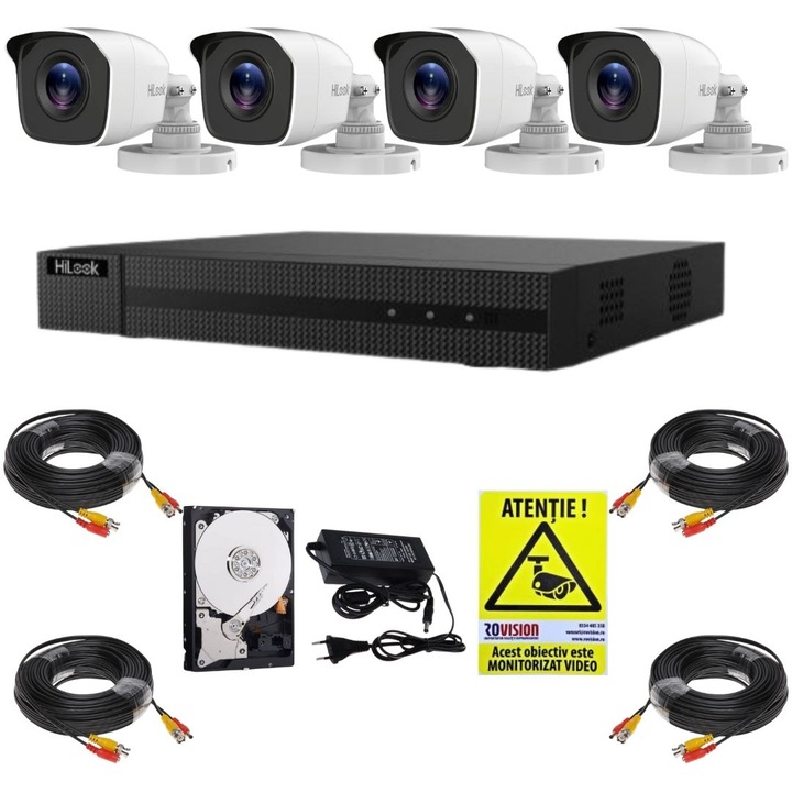 Hikvision HiLook megfigyelőkészlet, 4 db 2 MP kamera, IR 20 m, 4 csatornás 4 MP DVR, tartozékok, 500 GB HDD, Rovision matrica
