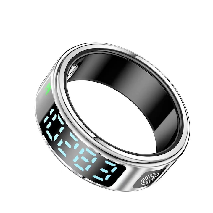 Inel inteligent fitness smart ring, Brivoo®, monitorizare puls, pasi, somn, calorii – afisaj LED, conectare Bluetooth, compatibil android & iOS, Marimea 9, Argintiu