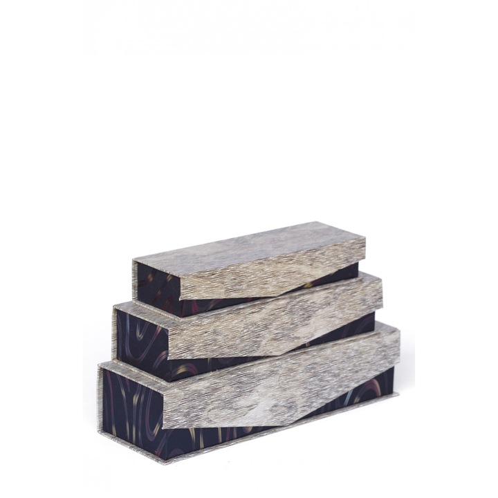 Set 3 cutii cadou, model lung, crem/negru imprimat