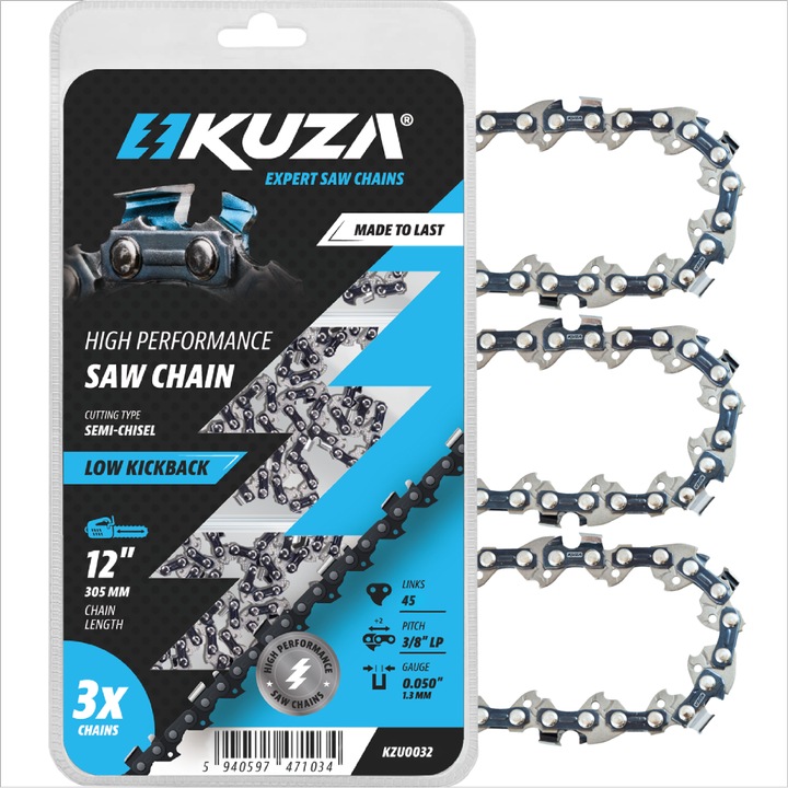 Lant KUZA pentru drujba, Lungime 12", pas 3/8" LP, grosime 0.050"-1.3 mm, 45 Zale, 3 lanturi/pachet